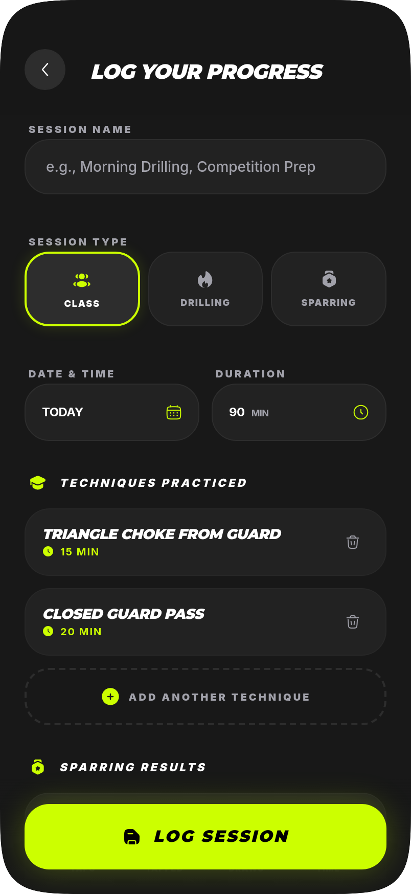 Log your progress screen